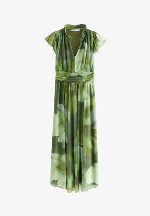 Maxi-jurk in groen met een bloemenpatroon, gemaakt van lichtgewicht stof. Heeft een V-hals, korte ruchesmouwen en een elastische taille.
