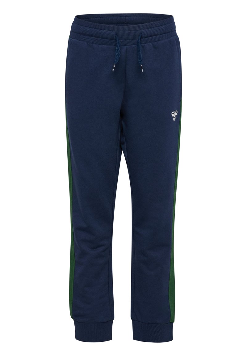 Marinblå sweatpants med gröna sidostråkar, tillverkade av mjuk bomullsblandning. Har en elastisk midja och ribbade muddar.