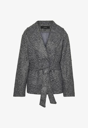 Chaqueta envolvente gris con textura, cinturón de lazo y collar amplio. Cuenta con un material de punto suave y un corte ligeramente holgado. Forrada en el interior.