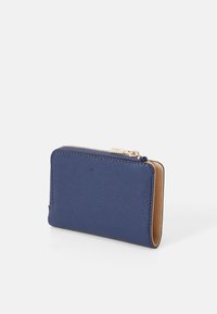Navy blue wallet made of textured leather with a zip closure. Features a beige interior and a rectangular shape with smooth edges.