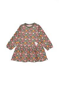 Langärmliges Kleid in Olivgrün mit floralem Muster in Pink, Weiß und Orange, ausgestattet mit einem plissierten Rock und rundem Halsauschnitt.