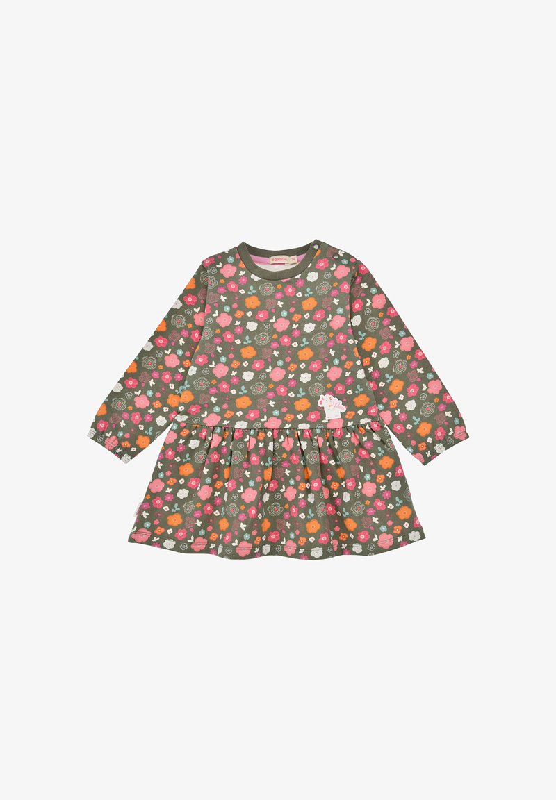 Langärmliges Kleid in Olivgrün mit floralem Muster in Pink, Weiß und Orange, ausgestattet mit einem plissierten Rock und rundem Halsauschnitt.