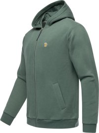 Felpa verde con cappuccio, chiusura a zip, tasche laterali, polsini a coste e piccolo logo ricamato a forma di boccale di birra sul petto.