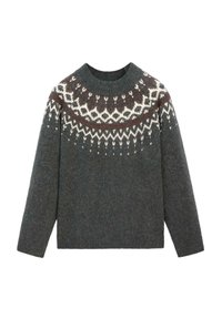 Pull en laine gris foncé avec un motif géométrique tricoté blanc et brun autour de l'empiècement et un col rond côtelé.