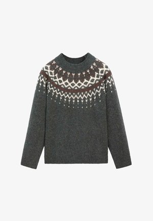 Mørkegrå uldtrøje med hvidt og brunt geometrisk strikmønster omkring yoke og en ribbet rund halsudskæring.