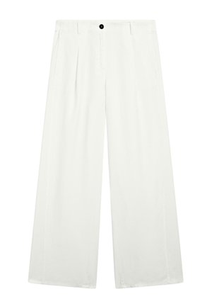 Wide-leg trousers in white fabric, featuring a single black button at the waist, two front pockets, and a smooth, crisp texture.