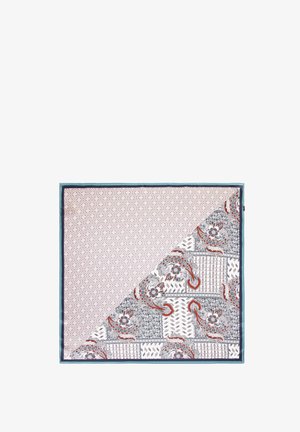 Tissu multicolore présentant des sections à motifs distincts en violet clair, gris et motifs floraux, avec une bordure contrastante en bleu sarcelle.