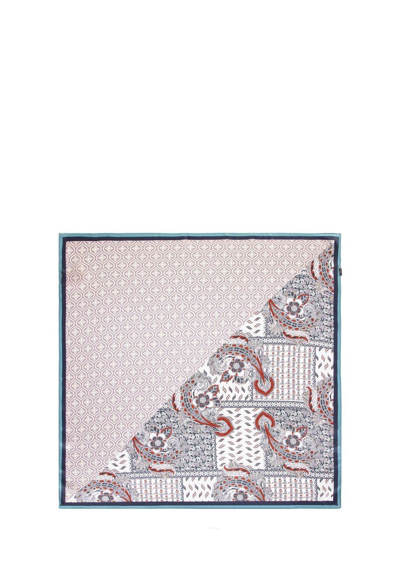 Wielokolorowy materiał z wyraźnie wzorzystymi sekcjami w jasnym fiolecie, szarości oraz wzorami florystycznymi, z kontrastującą bordiurą w odcieniu turkusowym.