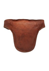 Brown leather pouch with a smooth texture, irregular scalloped edge, and sturdy stitching. Designed to fit various items securely.