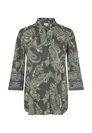Blusa verde scuro con maniche lunghe con intricati motivi floreali e paisley oro, blu e bianchi, più polsini decorati e collo alto.