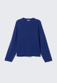 Pull en tricot bleu avec un col rond, des épaules tombantes et des manches longues. Texture lisse et ourlet court. Étiquettes visibles à l'intérieur du col.
