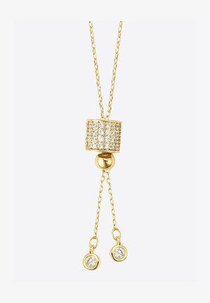 Gold necklace featuring a cylindrical pendant adorned with clear rhinestones, two hanging chains with circular accents, and a smooth finish.