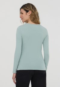 Maglia a maniche lunghe verde chiaro con scollatura tonda, realizzata in tessuto morbido, caratterizzata da una superficie liscia e una silhouette aderente. Indossata con pantaloni neri.