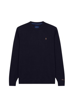 Maglione lavorato a maglia blu navy con maniche lunghe, scollatura rotonda e sottile logo ricamato in bronzo sul petto. Texture liscia, vestibilità regolare.