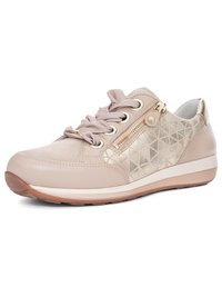 Baskets beiges pour femmes avec lacets en ruban de satin, fermeture éclair latérale, motif géométrique sur le côté et semelle en caoutchouc.