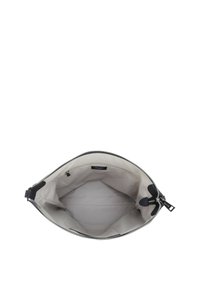 Borsa grigia e navy con chiusura a zip, dotata di una fodera interna liscia e di una piccola tasca. Design minimalista senza decorazioni esterne.