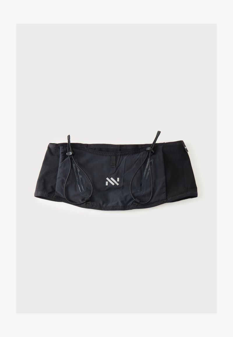 Ceinture de taille noire ajustable avec deux cordons et un petit logo blanc au centre sur fond blanc.