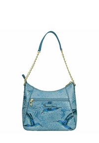 Blauwe leren handtas met bloem- en kolibripatronen, voorzien van een kettingaccent strap, ritszak en textuur. 