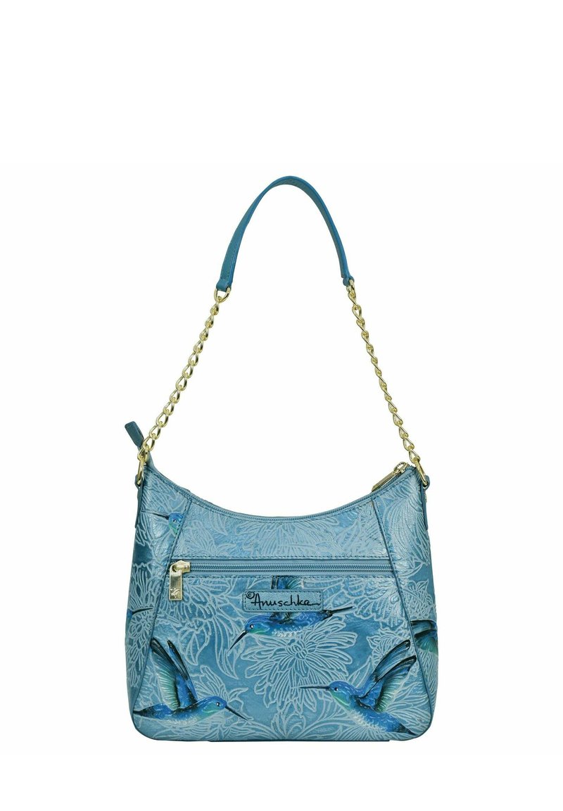 Blaue Lederhandtasche mit goldener Kettenriemen, ausgestattet mit floralen und Kolibri-Designs, einer Reißverschluss-Vordertasche und strukturierter Oberfläche.