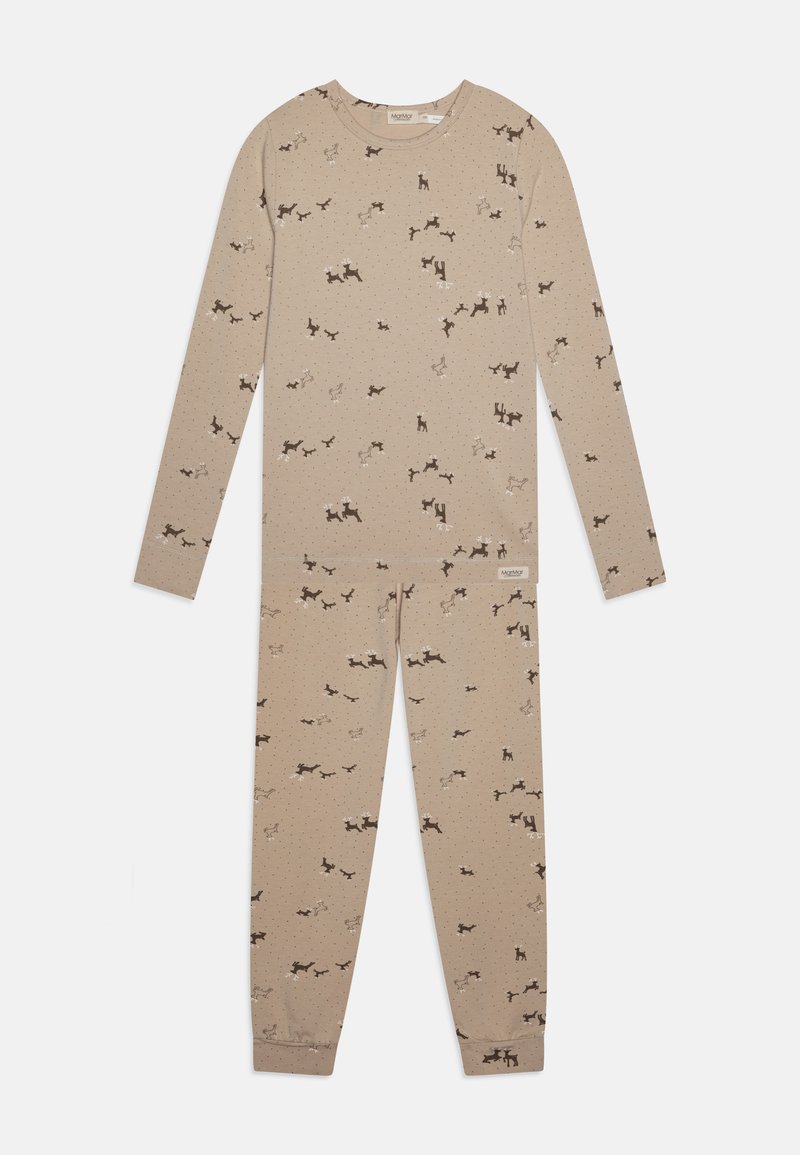 Bēša pidžamu komplekts mīkstā audumā, ar atkārtotu brūno un baltu multfilmu suņu zīmējumu. Garas piedurknes un bikses ar elastīgām maliņām.