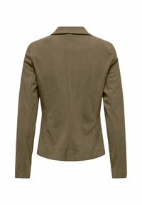 Olivgrüne Cordjacke mit Kragen, langen Ärmeln und tailliertem Design. Rippstruktur und strukturierte Rückennähte.
