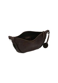 Pochette da polso in pelle marrone scuro con zip aperta, interno nero e etichetta rotonda in pelle con design àncora in rilievo.