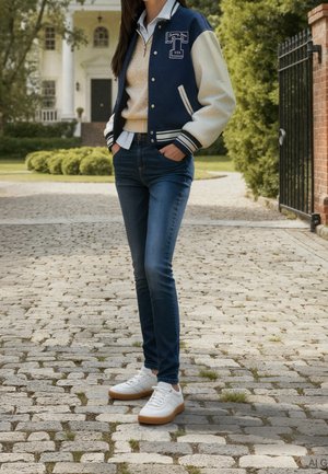 Person trägt eine blaue und weiße Collegejacke, einen beigen Pullover, blaue Jeans und weiße Turnschuhe und steht auf einem Kopfsteinpflasterweg nahe einem eingezäunten Garten.