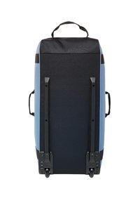 Rullande ryggsäck med en blå och svart exteriör. Utrustad med robusta plasthjul, ett handtag på toppen och vadderade sidostraps. Texturerad tygfinish.