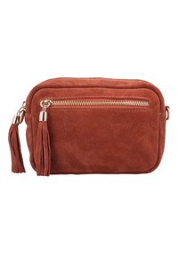 Borsa a tracolla in camoscio arancione bruciato con zip dorata, due nappine e forma rettangolare. Texture liscia con dettagli di cucitura visibili.