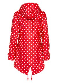 Rote wasserdichte Jacke mit weißen Punkten, Kapuze, langen Ärmeln und verstellbarem Zugband am Saum. Glatte, glänzende Textur, lässiges Design.