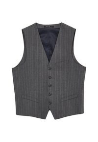 Gilet gris à rayures avec cinq boutons noirs, deux poches avant inférieures et une poche poitrine, doté d'un col en V et d'une doublure satinée.