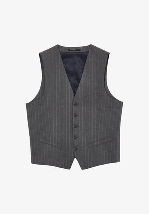 Grau gestreifter Weste mit fünf schwarzen Knöpfen, zwei unteren Fronttaschen und einer Brusttasche, mit V-Ausschnitt und satinierter Innenauskleidung.