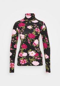 Svart polokrage med långa ärmar och ett blommönster med rosa och röda blommor, accentuerat av gröna blad. Mjuk textur.