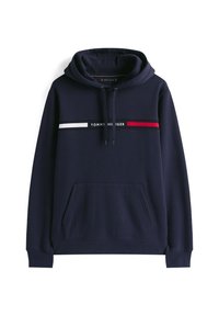 Granatowa bluza z kapturem ze sznurkiem, kieszenią z przodu oraz białym i czerwonym poziomym paskiem z logo marki na klatce piersiowej.