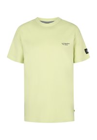 Lichtgele t-shirt met korte mouwen, gemaakt van katoen. Heeft een ronde halslijn en een klein logo op de borst. Standaard pasvorm.