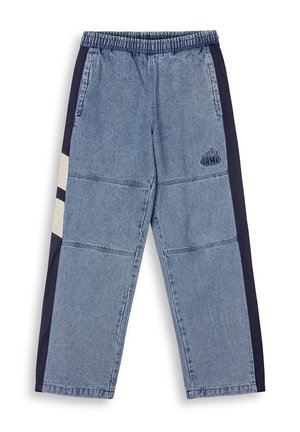 Denim pants with an elastic waistband, featuring a light blue main fabric, navy side panels, and a small logo design on one leg.