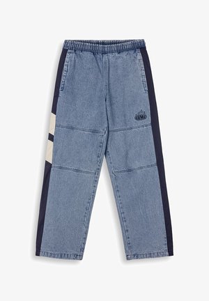 Jeans met een elastische tailleband, gemaakt van lichtblauwe hoofdstof, met marineblauwe zijkanten en een klein logo op één been.