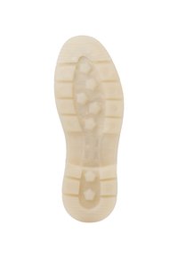 Semelle de chaussure en caoutchouc crème avec des motifs hexagonaux et rectangulaires pour l'adhérence. Surface texturée avec des rainures pour la flexibilité et la prise.