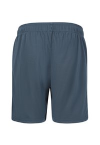Blå sportshorts med elastisk midja, slät textur och en enkel design. Bakvy utan ytterligare detaljer eller mönster.