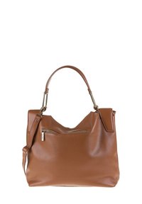 Sac à main en cuir marron avec une finition mate, grand compartiment principal, une poche zippée à l'avant et double anse de transport. Présente une forme de hobo.
