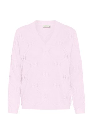 Pull en maille rose clair avec un col en V, présentant un motif en dentelle en forme de losange et des manches longues. Texture douce et bords côtelés.