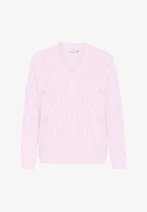 Lichtroze gebreid sweater met een V-hals, voorzien van een ruitvormig kantpatroon en lange mouwen. Zachte textuur en geribbelde manchetten.