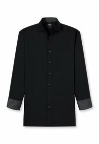 Zwarte langemouwen shirt met knoopsluiting en gemusterde manchetten. De stof heeft een zachte textuur en beschikt over subtiele ontwerpelementen op de kraag.