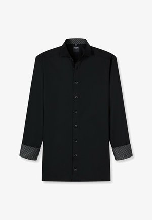 Zwarte langemouwen shirt met knoopsluiting en gemusterde manchetten. De stof heeft een zachte textuur en beschikt over subtiele ontwerpelementen op de kraag.