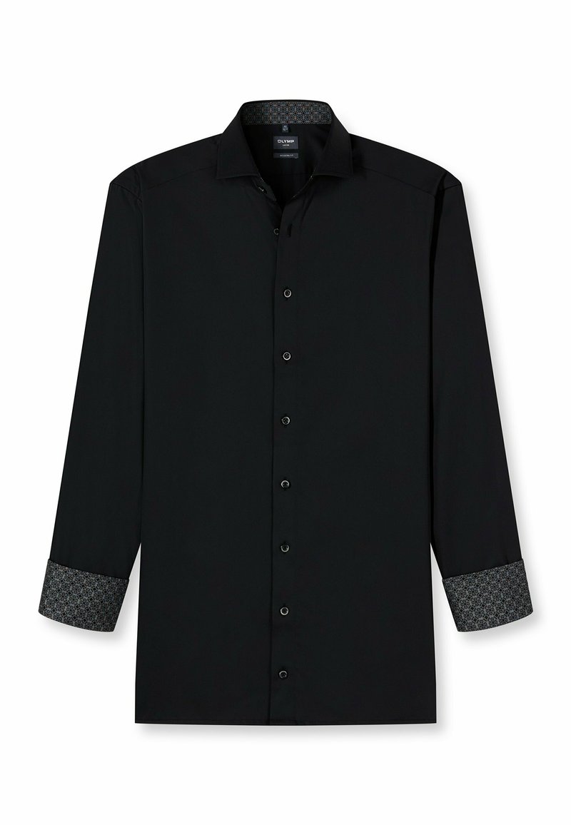 Zwarte langemouwen shirt met knoopsluiting en gemusterde manchetten. De stof heeft een zachte textuur en beschikt over subtiele ontwerpelementen op de kraag.