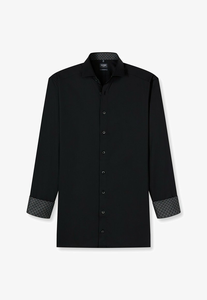 Zwarte langemouwen shirt met knoopsluiting en gemusterde manchetten. De stof heeft een zachte textuur en beschikt over subtiele ontwerpelementen op de kraag.