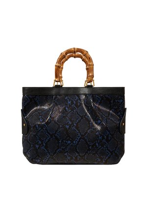 Stylish handbag with a blue snake-print design, featuring a bamboo handle and black leather accents, showcasing a modern, elegant aesthetic.