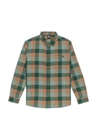 Camisa de cuadros de manga larga en colores verde, marrón y azul verdoso. Con botones en la parte delantera y un bolsillo en el pecho. Tejido de mezcla de algodón con una textura suave.