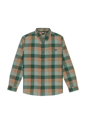 Langarm geruite blouse in groen, bruin en teal. Knopsluiting aan de voorkant en één enkele borstzak. Katoenmengsel met een zachte textuur.