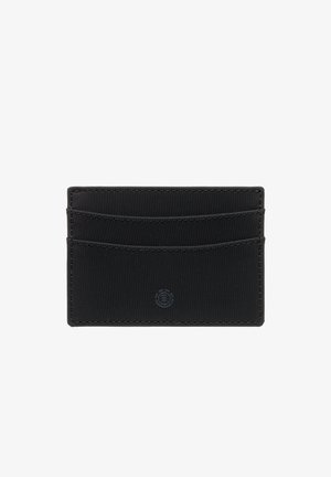 Black card holder made of smooth material features four card slots and a subtle embossed logo at the center. Simple, rectangular design.